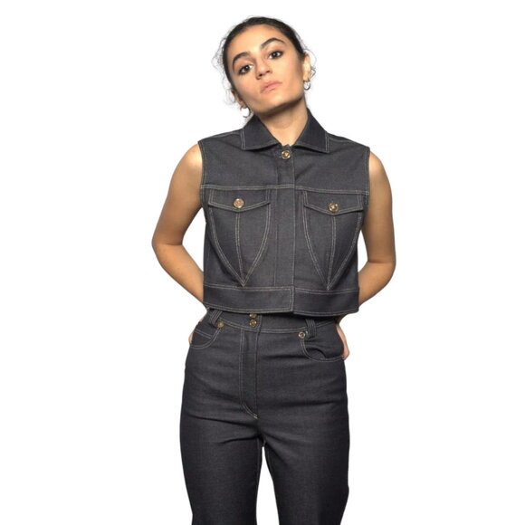 Jackets & Blazers - NWT VERSACE Tribute Blue Dark Wash Denim Gold Medusa Button Cropped Vest